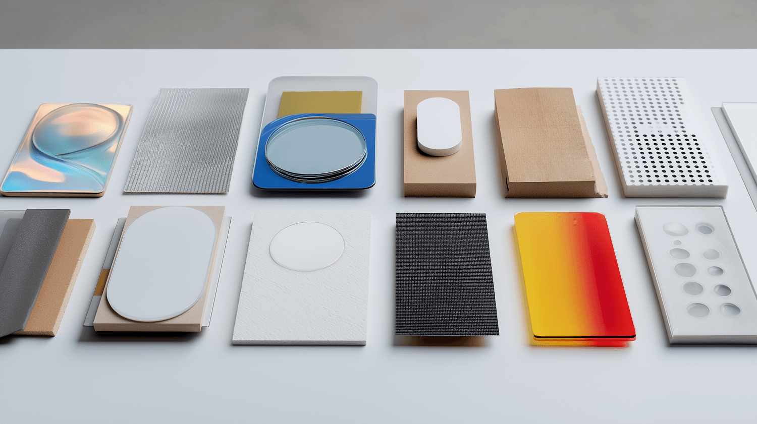 Stone, timber and textile samples laid out on a pale table