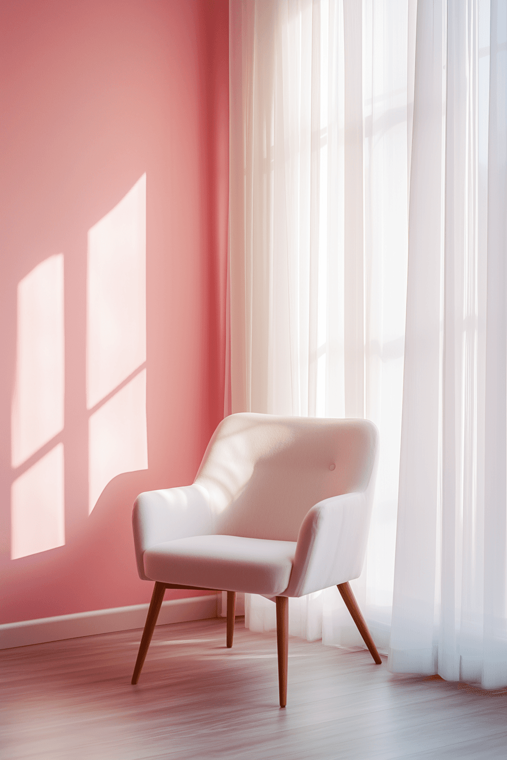 A single armchair beside a window with sheer curtains and soft light