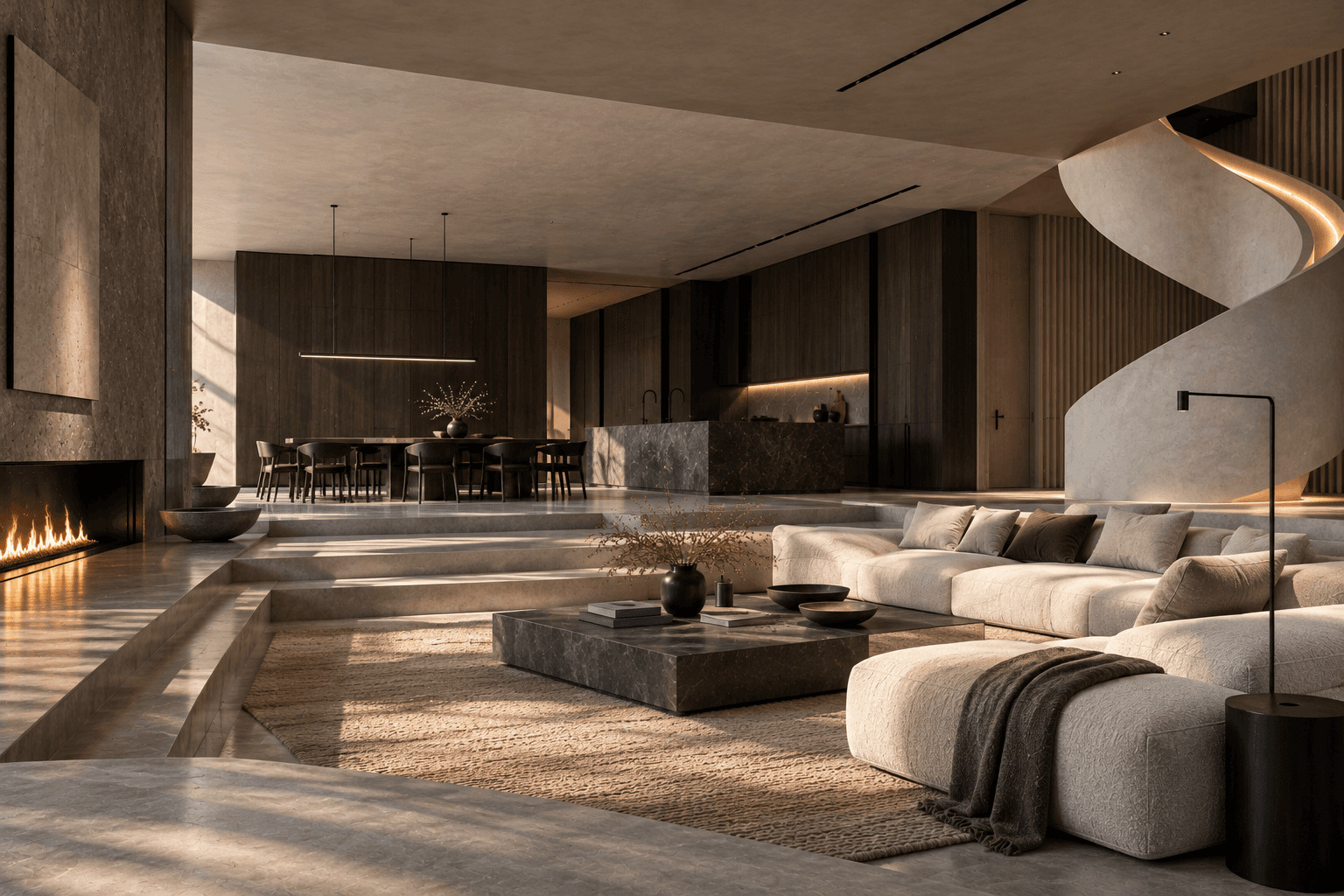 A sunken living room with a long fire, a dark stone kitchen island and a sculptural plaster staircase